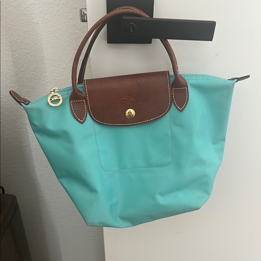 Longchamp Blue and Brown Canvas Tote with Leather Handles